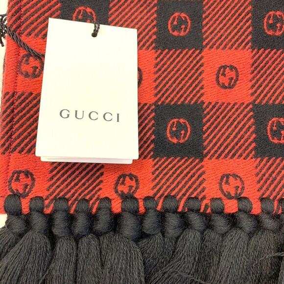 NWT Gucci Wool Interlocking GG LEISURE Scarf Black Red - Picture 9 of 11